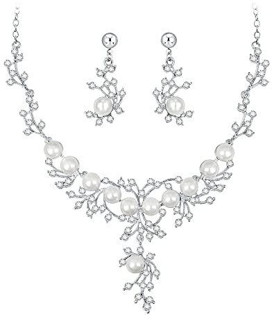 Cangall Braut Schmuckset für Damen, Strass Kristall Hochzeit Schmuckset, Glitzernde Halskette Anhänger Ohrringe Set mit Perlen, Braut Brautjungfer Schmuck Sets für Frauen Mädchen zur Verlobung Prom