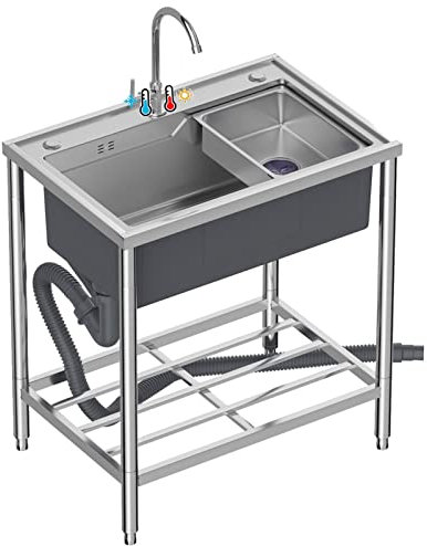 fregadero industrial de acero inoxidable de 1 compartimento con grifo de agua fría y caliente, fregadero de restaurante comercial para taller, profundidad 22cm