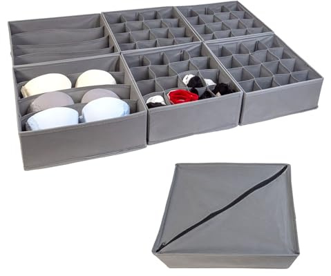 INTIRILIFE Aufbewahrungsboxen Ordnungssystem 6-teilig für Schubladen aus Vlies in Grau - Zwei 4-Fach Boxen 33x26x11 / Vier 16-Fach Boxen 28.5x26x11 cm - Faltbare Organizer für Unterwäsche Socken