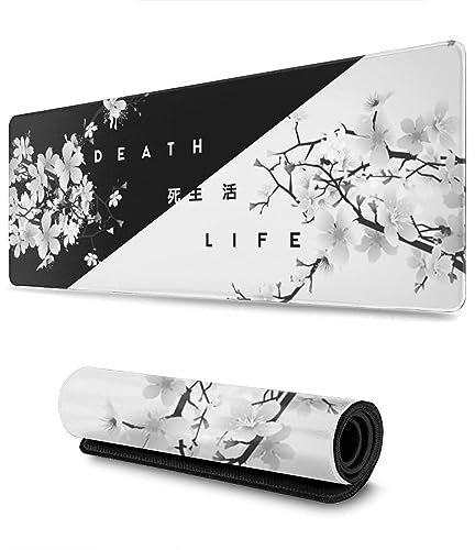 Donboly Gaming Mouse Pad Japanese Pagoda and Cherry Blossom Branch Oversized Mouse Pad, Extended Large Mouse Mat Desk Pad, Stitched Edges Long Non-Slip Rubber Base Mouse Pad(90x40cm, Death Life)