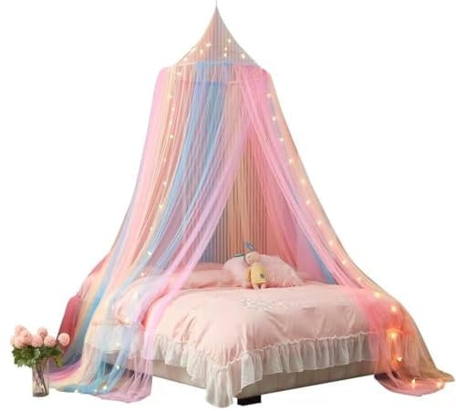 ZIQINPSQ Betthimmel für Mädchen, Regenbogen-Baldachin für Bett, Prinzessinnen-Moskitonetz, Spielzelt für Kinder, hängende Bettnetzabdeckung für Mädchenzimmer-Dekoration (Regenbogen)