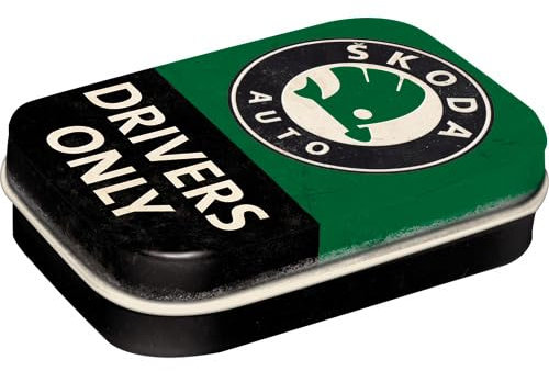 Nostalgic-Art Retro Pillendose, 4 x 6 x 1,6 cm, Skoda – Drivers Only – Geschenk-Idee für Skoda-Zubehör Fans, mit Pfefferminz-Dragees, Vintage Design