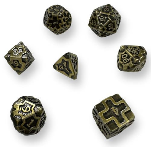 Dadi D&D 7Pcs poliedrici in Metallo Solido con Custodia e Lega di Zinco con Smalto per Giochi di Ruolo Dungeons And Dragons Set D4 D6 D8 D10 D12 D20 D% per DND RPG MTG (Bronzo Antico)