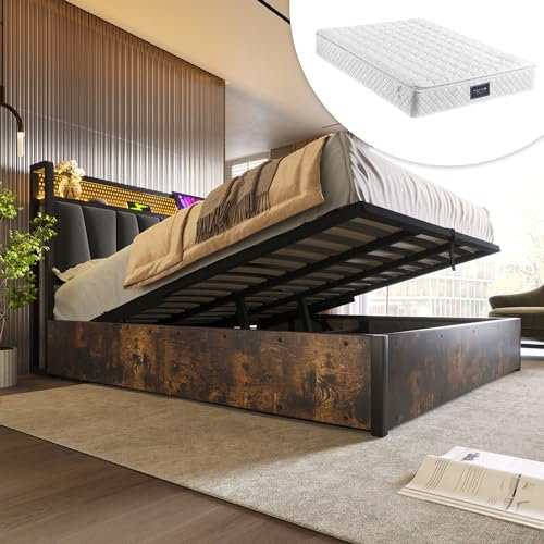 Polsterbett Mit Matratze 160x200 cm, App-Control Doppelbett mit Stauraum & Lattenrost, LED Kopfteil mit USB Ladefunktion, Metallbett Stauraumbett Funktionsbetten Rückenlehne Bettgestell, Leinen, Grau