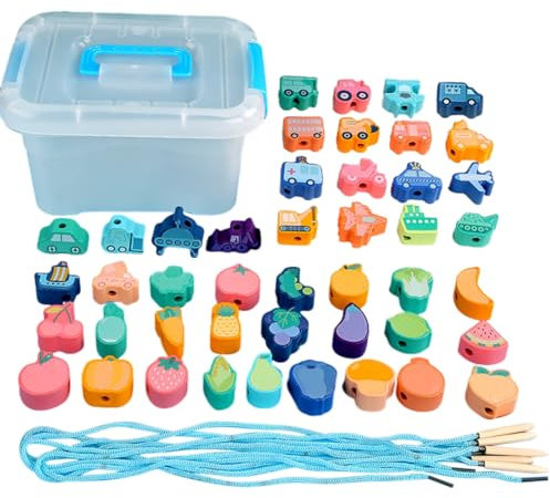 Holzperlen Fädelspiel,Montessori Holzspielzeug FäDelspiel,Lernspiel Spielzeug,Pädagogisches Holzspielzeug Lernspielzeug,Holzperlen Geschenk für Kinder,für MäDchen Jungen,45 Stück Obst transport Serie