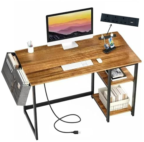 Computer Desk, 80cm Gaming Desks, with with USB Charging Port & Power Outlet, Office Laptop Table, Study Tables with Metal Frame, Wood with Floating shelves, for Bedroom, Living Room, Rustic Brown