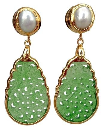 RNUMLIGH Vintage-Stil, geschnitzte Ohrstecker kultivierter weißer Süßwasserperle, grüner Jade, Party-Schmuck for Frauen