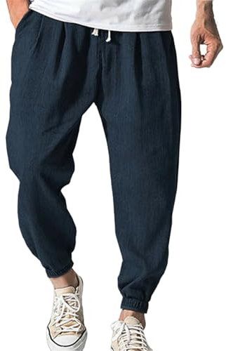 Pantalone Uomo Estivo Completo Lino Uomo Estivo Elegante Pantalone Tuta Pantalone Cotone in Lino Vita Bassa Giardiniere da Lavoro Invernali Multitasche Vita Slim Blu Navy Pantalaccio Slim Fit