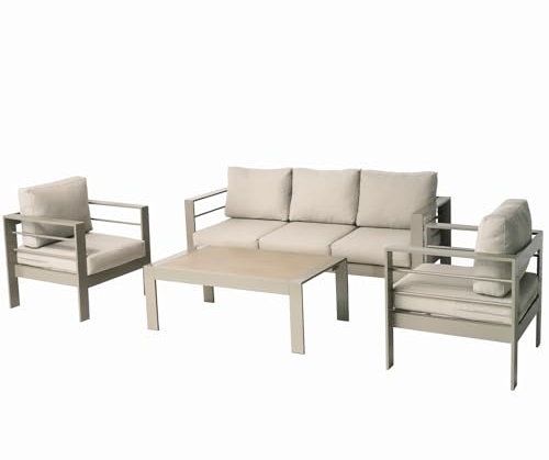 LANOX Aluminium Gartenmöbel Set Gartenlounge-Set Loungeset für 4-5 Personen Terrasse Balkon, Wetterfest Sitzgruppe Gartengarnitur (4-TLG., 1×3-Sitzer Sofa, 2×Sessel, 1×Tisch, 10×Auflagen), Beige