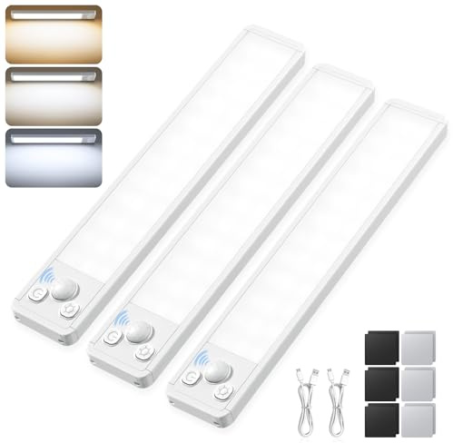 Under Cabinet Kitchen Lights 3-Color LED Cupboard Motion Sensor Strip Light Indoor Rechargeable USB Wireless Battery Powered Lighting Wardrobe Shelf Counter Closet Stairs with Magnetic Stick 3 Pack