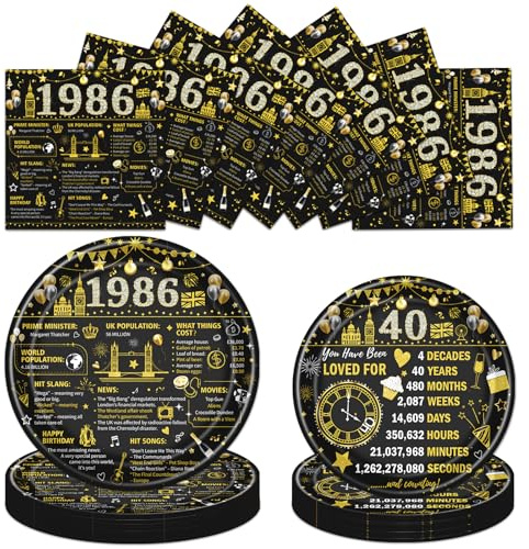 Luvart 40th Birthday Party Paper Plates and Napkins Set, 72PCS Black and Gold 1986 Birthday Decorations for Men Women, 40th Anniversary Party Dessert Tableware Supplies 24 Guests