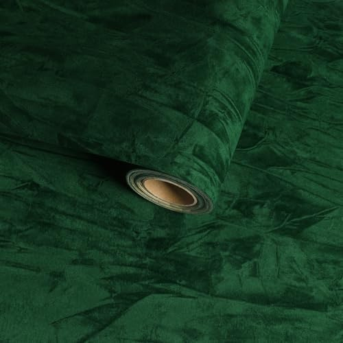 VaryFloral Emerald Green Velvet Peel and Stick Wallpaper 30cm x 300cm Removable Self Adhesive Flocked Fabric Waterproof Textured Sticky Back Plastic for Cabinet Drawer Furniture DIY Box Liner Decor