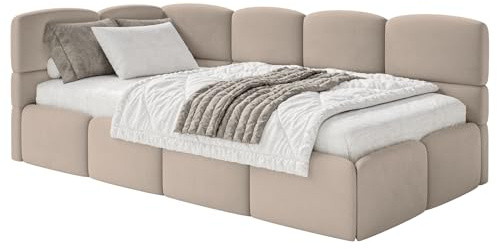 Selsey Jugendbett 120x200cm Beige gepolstert mit Stauraum und Lattenrost, Polsterbett Jugendbett linksseitig mit Bettkasten, Kinderbett mit Eckkopfteil, Bett für Jugendzimmer