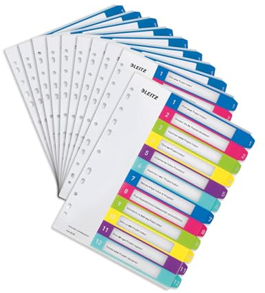 Leitz Register für A4, 10er Pack, PC-beschriftbares Deckblatt und 12 Trennblätter, Taben mit Zahlenaufdruck 1-12, Überbreite, Mehrfarbig, Polypropylen, WOW, 12440000