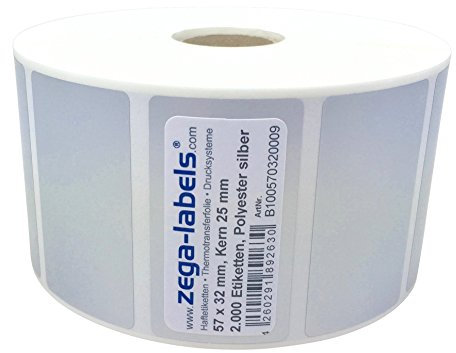 Polyester Thermotransfer Etiketten auf Rolle 57 x 32 mm aus PET Polyesterfolie silber stark haftend für Typenschilder - 2.000 Stück je Rolle - Kern: 25 mm Druckverfahren: Thermotransfer (mit Farbband)