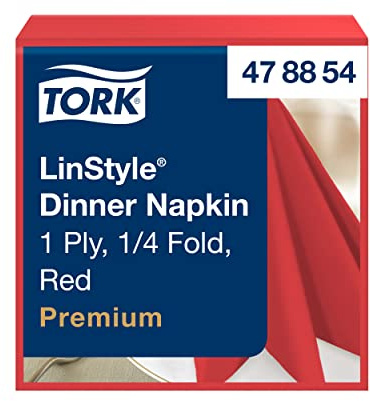 Tork 478854 Premium Linstyle Red Dinner Napkin / 1 Ply Absorbent Unprinted Serviette in Red / 12 x 50 Sheets (WxL: 19.5cm x 19.5cm)