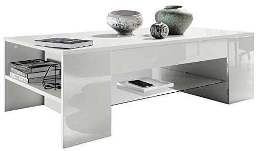 Vladon Couchtisch Clip, Made in Germany, Wohnzimmertisch mit 2 Seitenfächern und 1 Glasplatte, Weiß matt/Weiß Hochglanz (118 x 37 x 60 cm)