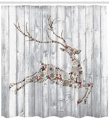 ABAKUHAUS, Hirsch, Duschvorhang, Kunstvolles Weihnachtstier rustikal, Pflegeleichter Stoff mit 12 Haken, 175 x 200 cm, Mehrfarbig Grau