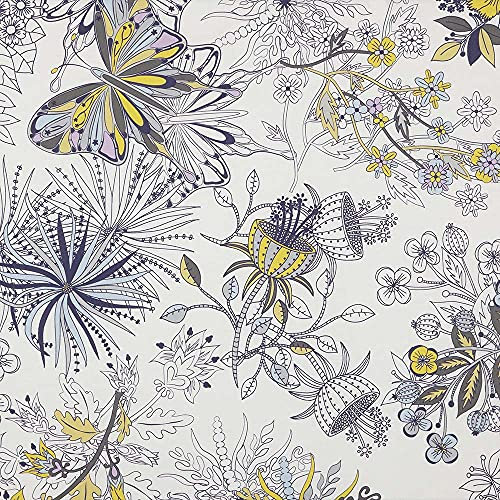 Meterware Leinenstoff digital bedruckt - Half Panama 100% Bio-Baumwolle, Öko-Tex Standard 100 - Breite 280 cm - Länge wählbar 50 in 50 cm | Secret Garden - Weiß, Gelb, Blau