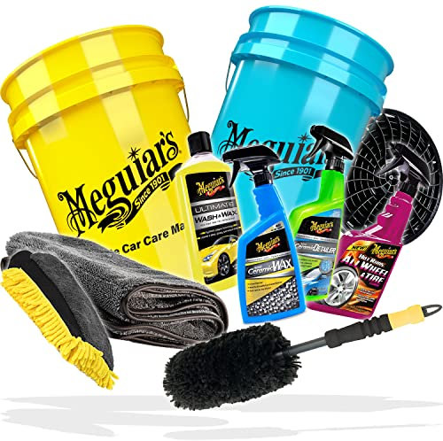 detailmate 2 Eimer Wasch Set Auto Waschhandschuh + Meguiars Wash & Wax Autoshampoo + 2X Wasch Eimer 1x Schmutzsieb + Hybrid Ceramic Detailer + Hot Rims Wheel Cleaner Felgenreiniger + Felgenbürste