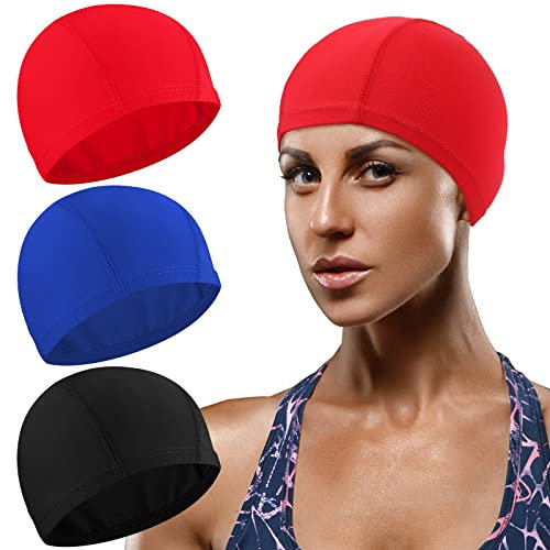 3 Gorros de Natación Elásticos Sombrero de Natación de Tela Cómoda Gorros de Baño Unisex Gorros Antideslizantes para Piscinas(Negro, Rojo, Azul Marino)