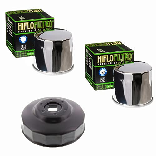 Set 2X Hiflo HF138C Ölfilter Chrom + Ölfilterschlüssel passend für Aprilia Kawasaki Suzuki Kymco Cagiva