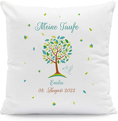 GRAVURZEILE Kissen mit Motiv - Lebensbaum Design - Geschenk zur Taufe - Personalisiert mit Name & Datum - Baby Geschenk für Jungen & Mädchen - Größe mit Füllung, Farbe Grün