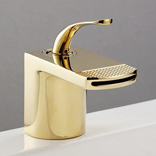 Wasserfall Wasserhahn Bad Waschtischarmatur Waschbecken Armatur Moderner Stil Messing Einhebelmischer Mischbatterie Mit Kaltes Und Heißes Wasser Vorhanden, Gold