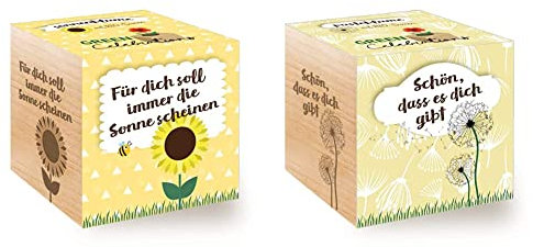 Celebrations Ecocube, Sonnenblume Bio Samen, Holzwürfel Mit Lasergravur «Für Dich Soll Immer Die Sonne Scheinen» & Celebrations Ecocube, Holzwürfel Mit Lasergravur «Schön, DASS Es Dich Gibt»