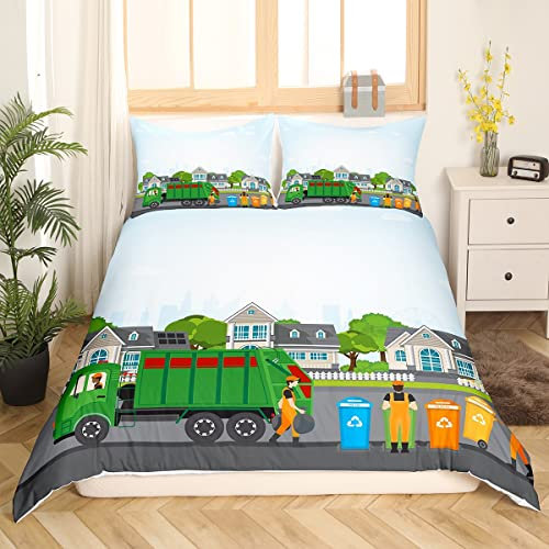 Müllwagen Bettwäsche 135x200 Kleinkind,Grüner LKW Bettwäsche Set für Kinder Jungen,Angetriebene Abfallwirtschaft Recycling Müllwagen Bettbezug Stadt Abfall Recycling Bett Set,Mikrofaser Weich