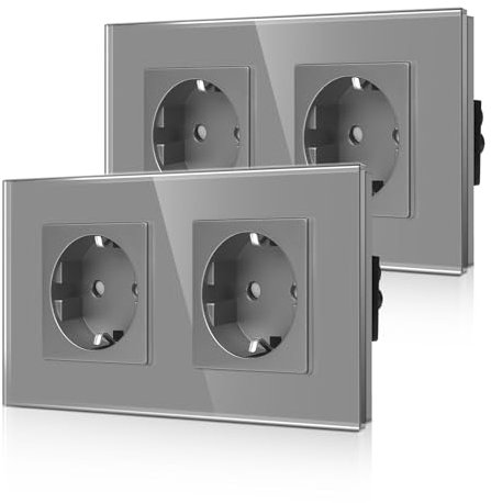 CNBINGO - Juego de 2 enchufes dobles de cristal empotrados en color gris – Enchufe doble Schuko con seguridad para niños – 16 Amp – Enchufe de pared con marco de cristal