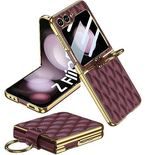 Miimall for Samsung Galaxy Z Flip 5 Case, [Built-in Screen Protector] [Ring Holder] Z Flip 5 Leather Case with Ring, Shockproof Anti-Skid Women Full Coverage Protective Cover for Flip5-Red