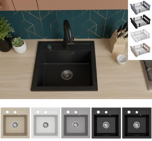 Faizee Home | Granitspüle Milano 49×52 cm Schwarz Gesprenkelt | Hochwertige beidseitig montierbare Küchenspüle aus Granit | Inkl. Siphon-Set & Spülkorb | Kratzfest, hitzebeständig & langlebig