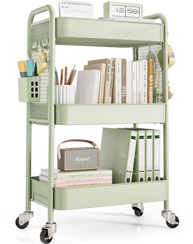 TOOLF Rollwagen mit 3 Ebenen, Metall, mit Stecktafel, Grün, 2 Behälter und 4 Haken, schraubenlose Montage, abschließbare Räder, Trolley-Organizer für Badezimmer, Küche, Büro, Wohnheim, Bastelraum