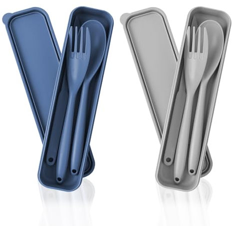 JINGIHE - Juego de cubiertos de plástico reutilizable, 2 juegos de portátiles cubiertos de viaje, caja cubierta con tenedores, cucharas, para camping, picnic, exterior, oficina (azul + gris)