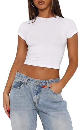 OYIGELZ Damen Basic T-Shirt Klassischer Schnitt Sommer Tee Shirts Kurzarm Crop Tops Y2K Slim Fit Tshirt Oberteile(Weiß-X1,M)