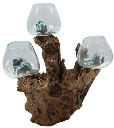 Lot de 3 vases en verre sur bois de racine - Diamètre : 12 cm - Hauteur : 45 cm - En verre recyclé et bois de teck - Fait à la main - Extravagant - Vase décoratif naturel - A30