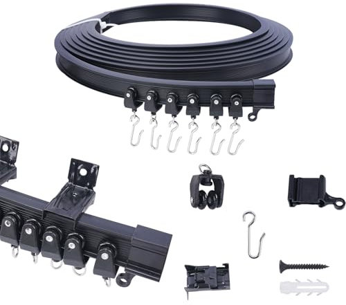 FOGAWA 5m Vorhangschiene wandmontage mit 40 S Haken, Wandvorhangschiene, Flexible Gardinenschiene, Wandschiene für Duschvorhangstange, Raumteiler, Vorhangschienensystem mit Wandhalterung, Schwarz