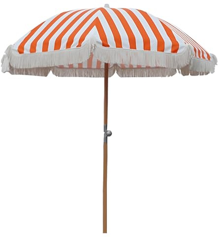 Genérico 220 cm Sombrilla de Exterior a Rayas Naranjas con Borla, Parasol de Playa UPF50+, Sombrilla de Jardín Plegable con Poste de Hierro