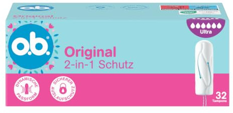 o.b. Original Ultra 2-in-1-Schutz Tampons, 1 x 32 Stk | Mit Dynamischer Passform und ineinandergreifenden Rillen für bis zu 100% Auslaufschutz und Komfort, OEKO-TEX zertifiziert