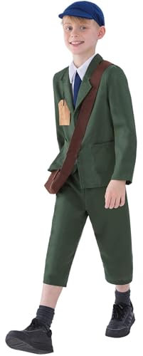Smiffys World War II Evacuee Boy Costume, Green Coat, Trousers, Hat and Bag, Boys Fancy Dress, 1940s Dress Up Costumes