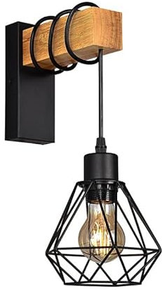 B-LED Barcelona - Ledaplique de pared vintage en diseño industrial, lámpara retro de acero y madera, casquillo E27, color negro/marrón
