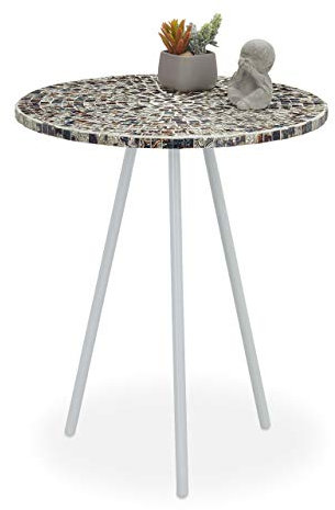 Relaxdays Beistelltisch Mosaik, runder Ziertisch, handgefertigtes Unikat, Mosaiktisch, HxD: 50 x 41 cm, weiß-Silber