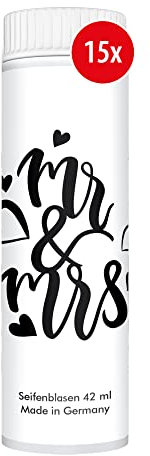 PUSTEFIX Seifenblasen Set I 15 x Klassik 42ml Hochzeit Mr. & Mrs. I Bunte Hochzeits-Bubbles Made in Germany I Seifenblasen für Hochzeit, Standesamt, Polterabend, Geburtstag I 15 x 42 ml Vorteilspack
