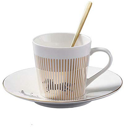 Fbshop (TM) - Tazza con piattino a specchio, creativa, motivo cavallo, raffinata, immagine effetto artistico miraggio invertito, intarsio dorato, per cappuccino, latte, caffè, tè, carina e graziosa