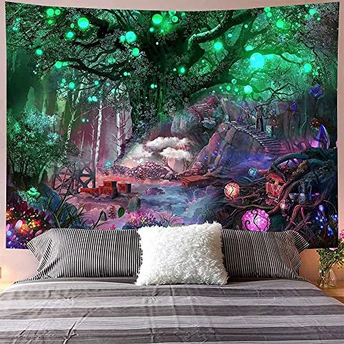 Arawat Wandteppich Baum des Lebens Wandtuch Lebensbaum Psychedelic Wandteppich Baum Mond Sonne Wanddeko Psychedelic Teppich Landschaft Wandteppiche Trippy Tapestry Wandbehang Wand Deko (150 x 130cm)