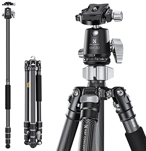 K&F Concept Treppiede Carbonio, 173cm Treppiede Fotocamera, Treppiede Leggero Viaggio, Treppiedi Reflex Professionale Portatile Compatto con 360° Testa a Sfera e Piastra di Sgancio per Fotocamera DSLR
