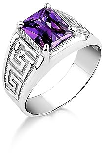 BySilverStone Jewelry Ring Aus Amethyst-Stein Im Rechteckschliff Für Herren In Silber, Ring Aus Violettem Amethyst-Stein Mit Graviertem Mäander, Eleganter Modischer Amethyst-Ring Für Herren