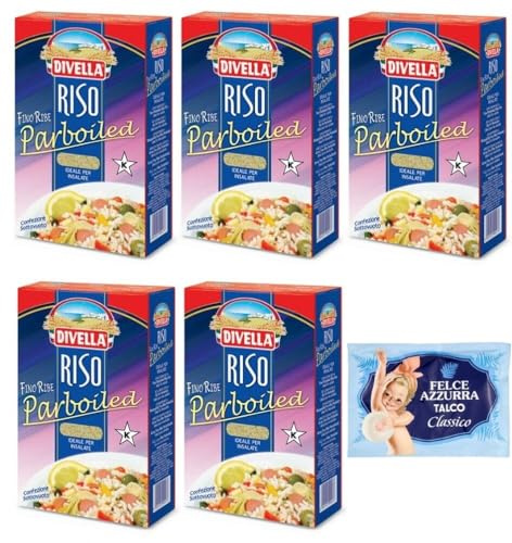 5er-Pack Divella Reis Riso Parboiled,Superfeine Reiskörner,Ideal für Salate,1kg Vakuumverpackung + 1er-Pack Kostenlos Felce Azzurra Talkumpuder, 100g-Beutel