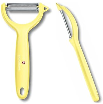 Victorinox - Pelador universal para frutas y verduras (2 unidades, extra afilado, hoja dentada/doble filo, mango ergonómico, edición limitada, color amarillo claro
